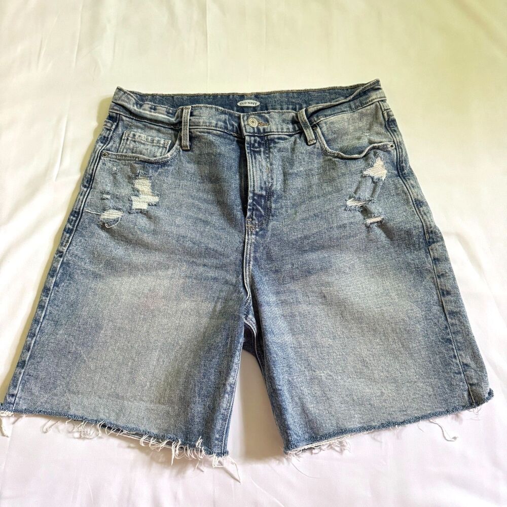 Old Navy Long Denim Bermuda Shorts Jorts Distressing Raw Hem Women's Size 12